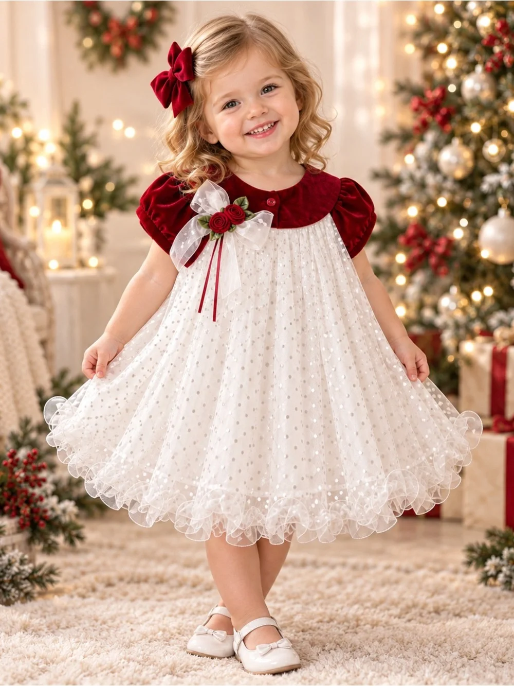 Rare Editions Girls 2T Red Velvet Ivory Tulle Polka Dot Holiday Dress